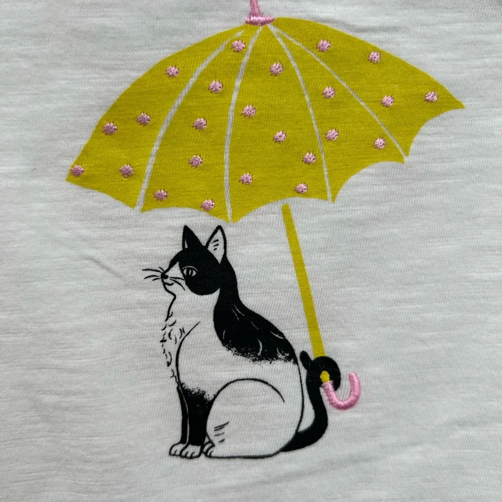 NWT Talbots Pretty Cream Embroidered Kitten With Umbrella Top